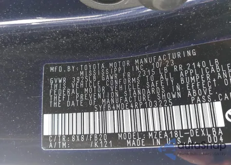 2024 Toyota Corolla Le из США, поврежденный, VIN 5YFB4MDE4RP103225